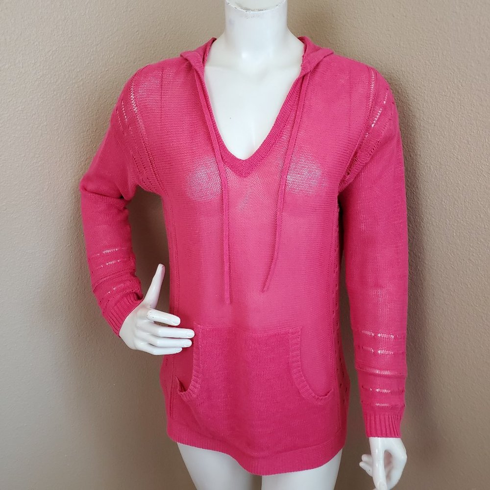 etc Pink Hooded Linen Knit V-neck Tunic Sweater~S